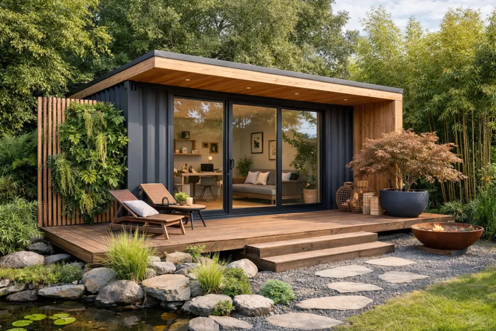 Abris de jardin et espace détente dans votre jardin, fabriqué a partir de conteneurs recyclés