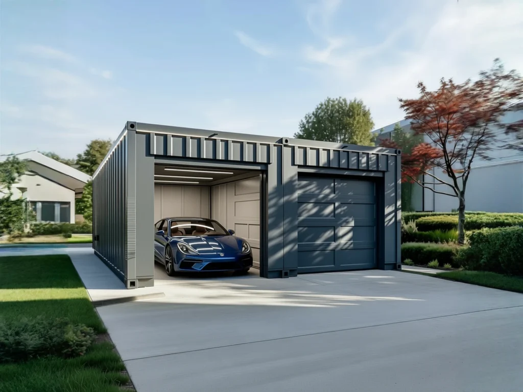 Garage pour voiture aménagé dans deux conteneurs maritimes recyclés